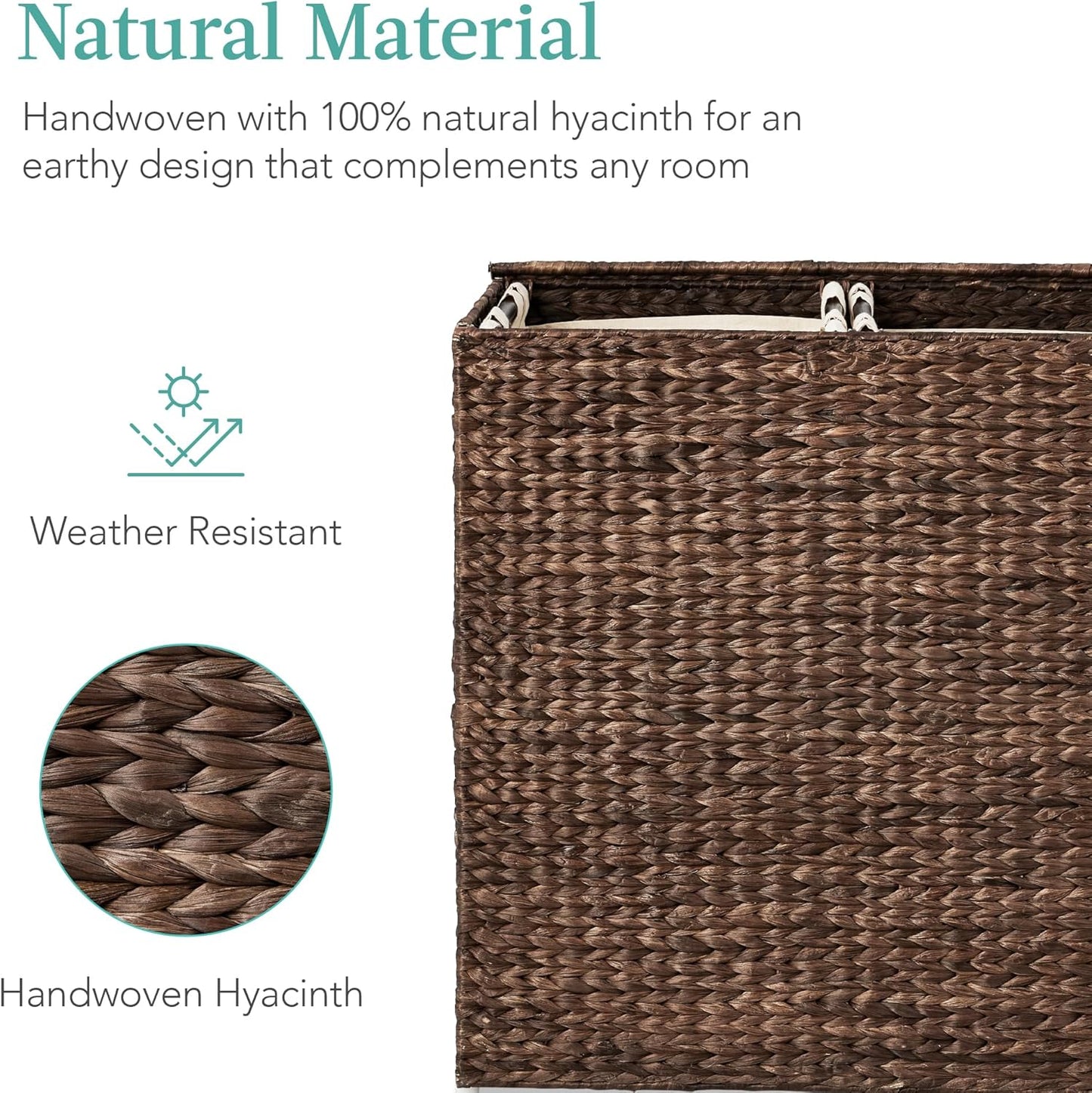 Best Choice Products Large Double Laundry Hamper with Lid, Natural Handwoven Water Hyacinth, 2 Sections w/ 2 Machine Washable Linen Liner Bags, Portable, Handles - Natural