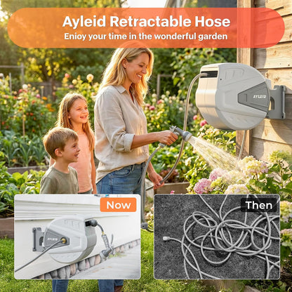 Ayleid Retractable Rubber Hybrid Garden Hose Reel, 1/2"x100ft Wall Mount | Anti-freeze, kink-free premium rubber hybrid hose, 24-month warranty, 9-pattern sprayer, any-length lock, slow auto-return.
