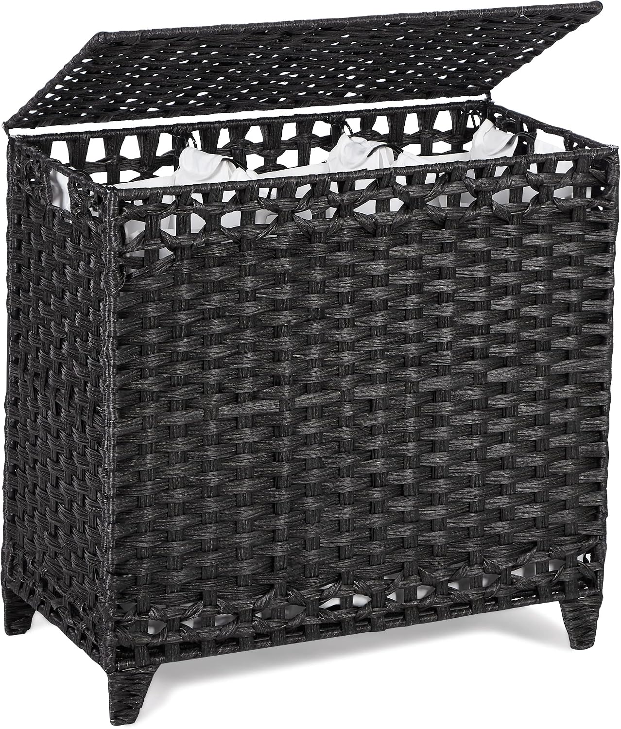 Laundry Hamper with 3 Removable Liner Bags; 132L Handwoven Rattan Laundry Basket with Lid & Heightened Feet; Clothes Hamper with Side Handles; Laundry Sorter with 3 Separate Sections