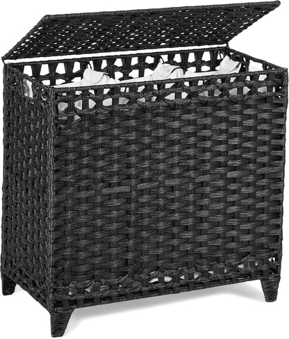 Laundry Hamper with 3 Removable Liner Bags; 132L Handwoven Rattan Laundry Basket with Lid & Heightened Feet; Clothes Hamper with Side Handles; Laundry Sorter with 3 Separate Sections