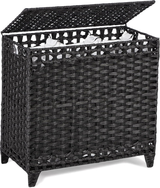 Laundry Hamper with 3 Removable Liner Bags; 132L Handwoven Rattan Laundry Basket with Lid & Heightened Feet; Clothes Hamper with Side Handles; Laundry Sorter with 3 Separate Sections