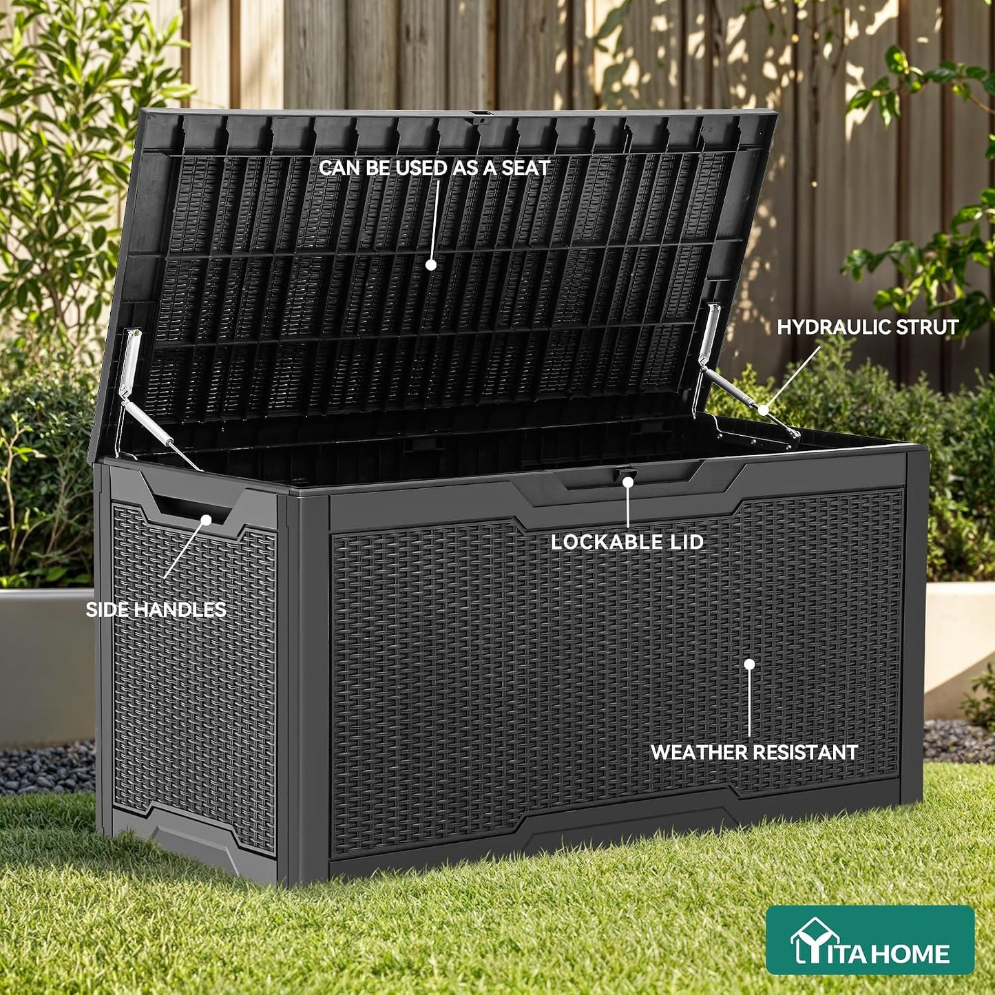 YITAHOME 100 Gallon Large Outdoor Deck Box | Waterproof Resin Storage Box, Lockable Indoor Outdoor Storage Container for Patio Furniture Cushions, Pool Accessories