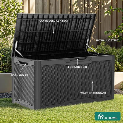 YITAHOME 100 Gallon Large Outdoor Deck Box | Waterproof Resin Storage Box, Lockable Indoor Outdoor Storage Container for Patio Furniture Cushions, Pool Accessories