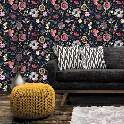 Wallpaper Peel and Stick Floral Wall Paper Removable Waterproof Gray/Yellow/Blue Contact Paper for Bedroom, Bathroom, Home Wall 17.3" x 118"