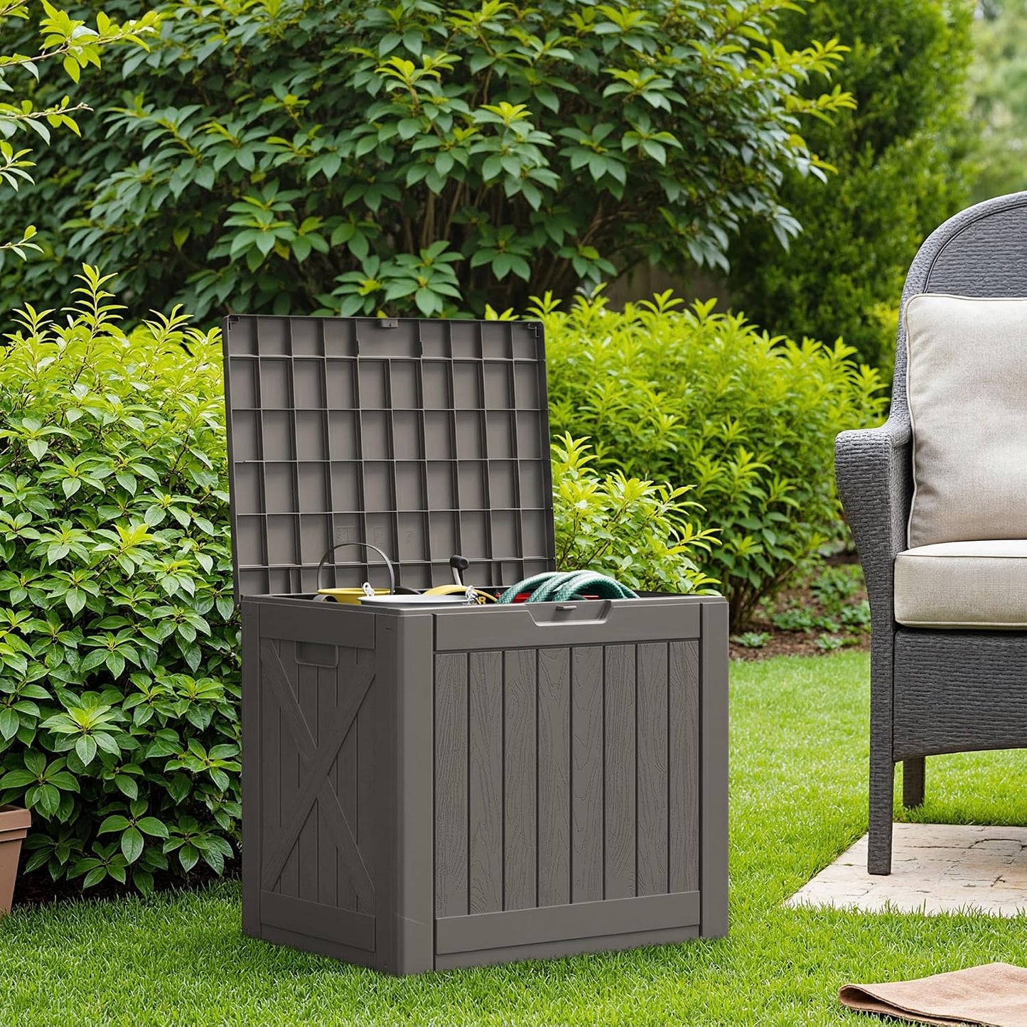 Flamaker Resin Deck Box 120 Gallon Waterproof Large Outdoor Indoor Storage Box Imitation Wood Resin for Patio Furniture Garden Tools and Pool (Black)