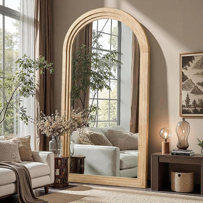Delma Arched Full Length Floor Mirror with Stand, 75x35 Rustic Farmhouse Solid Wood Frame Wall Mirror for Bedroom, Living Room, Vertical Hanging & Standing(Brown)