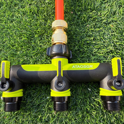 ATAOSGRGarden Hose Splitter 3 Way, 3/4" Outdoor Faucet Splitter, Tap Connector with On/Off Valves and Extended Handle, Tap Adapter Garden Hose Connector for Garden Outdoor Home - Greens