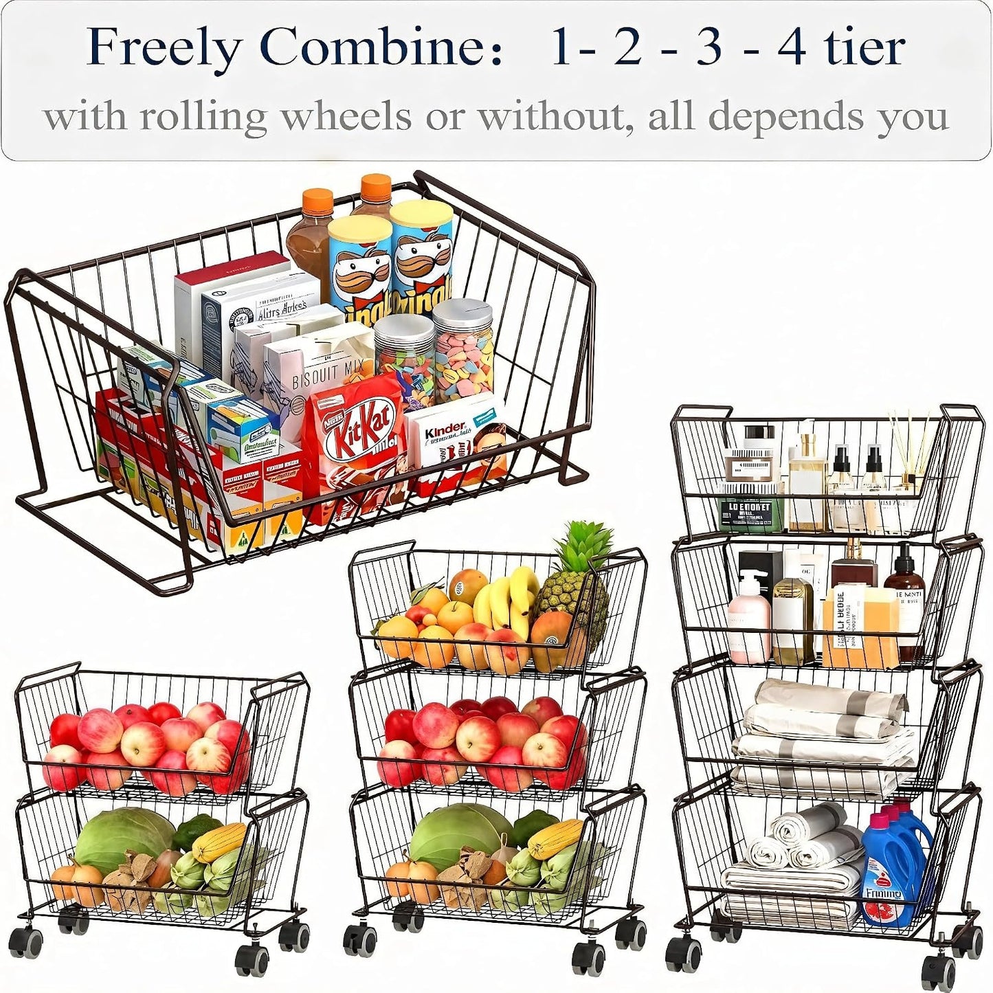 PUSDON 6-Tier Tall Stackable Wire Storage Baskets with Wheels, Vertical Metal Rolling Utility Cart, High Capacity Produce Basket for Kitchen Pantry, Snack Organizer, Matte Black