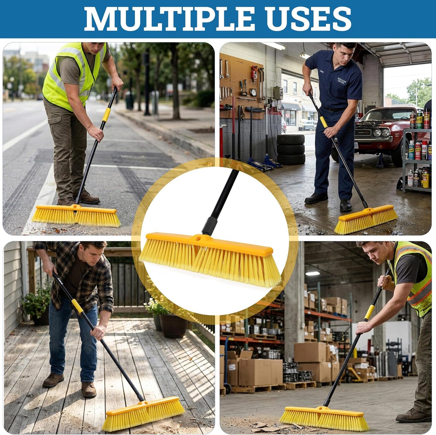 KLEEN HANDLER 24" Heavy Duty Push Broom with 61" Long Extendable Metal Handle with Threaded Plastic Screw for Deck Driveway Garage Yard Patio Warehouse Hard Floor Cleaning