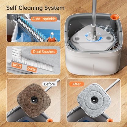Spin Mop and Bucket Set with 2 Replaceable Microfiber Mop Pads with Self Separation Dirty and Clean Water System, Self Wringing 360° Rotating Square Mop Head for Hardwood Tile Marble Floors