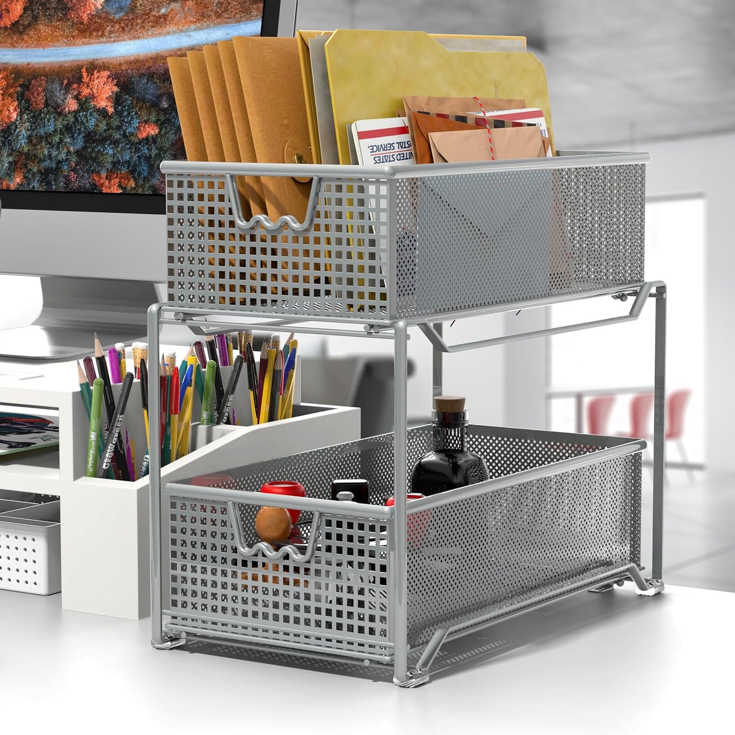 DecoBrothers 2 Tier Bathroom Storage Organizer with Pull-Out Drawer, Silver