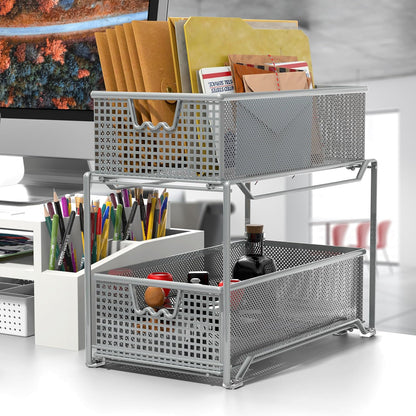DecoBrothers 2 Tier Bathroom Storage Organizer with Pull-Out Drawer, Silver