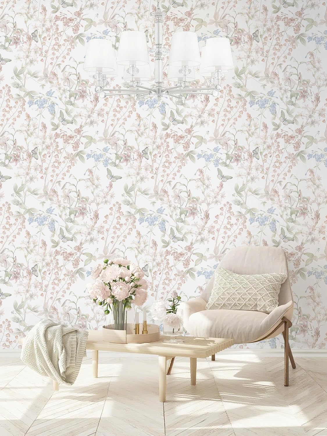Dimoon 17.3''x78.7'' Vintage Peel and Stick Wallpaper Boho Beige Neutral Contact Paper White Floral Bird Wallpaper Removable Botanical Renter Friendly Modern Wall Paper Bedroom Bathroom Vinyl Roll