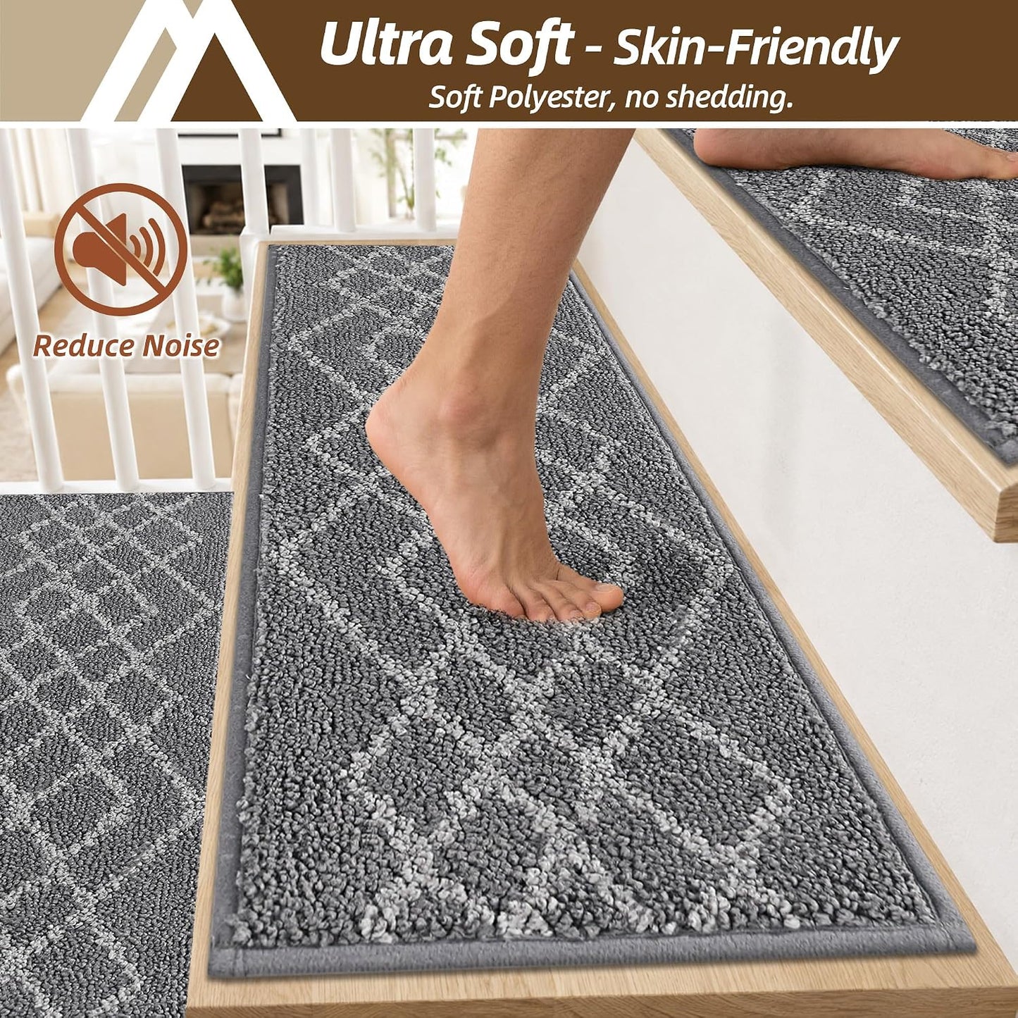 COSY HOMEER Soft Stair Treads Non-Slip Carpet Mat 28inX9in Indoor Stair Runners for Wooden Steps,Stair Rugs for Kids and Dogs, 100% Polyester TPE Backing 7pcs,Black,Rhombus