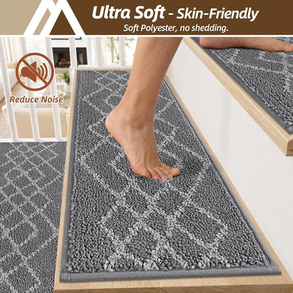 COSY HOMEER Soft Stair Treads Non-Slip Carpet Mat 28inX9in Indoor Stair Runners for Wooden Steps,Stair Rugs for Kids and Dogs, 100% Polyester TPE Backing 7pcs,Black,Rhombus