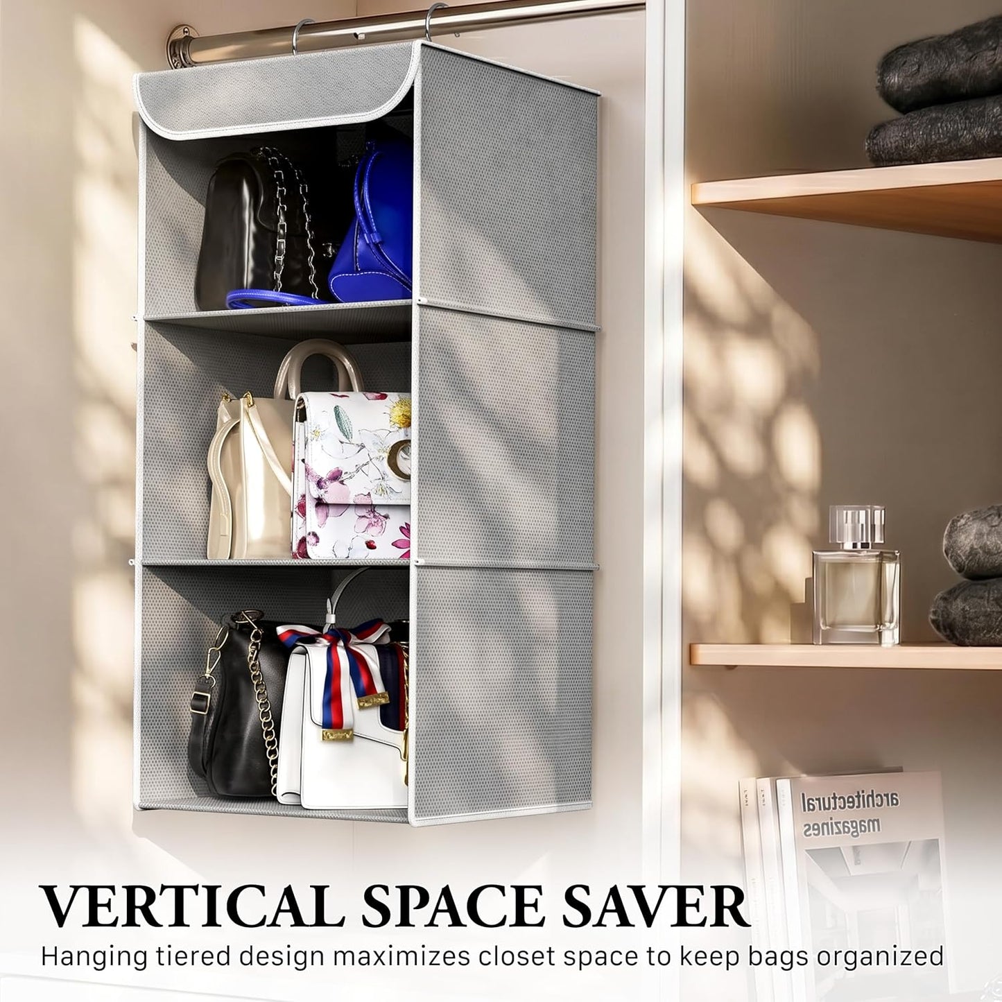 Simple Houseware 3-Shelf Hanging Closet Organizer, Fabric Storage Shelves with 57L Capacity, Black