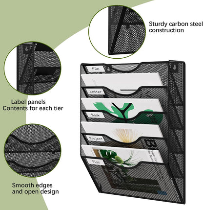 EasyPAG 5 Pocket Mesh Wall File Organizer with Key Hooks, Hanging Paper Folder Holder with Classify Label, Vertical Wall Mount Mail Organizer for Office Home Classroom, Black