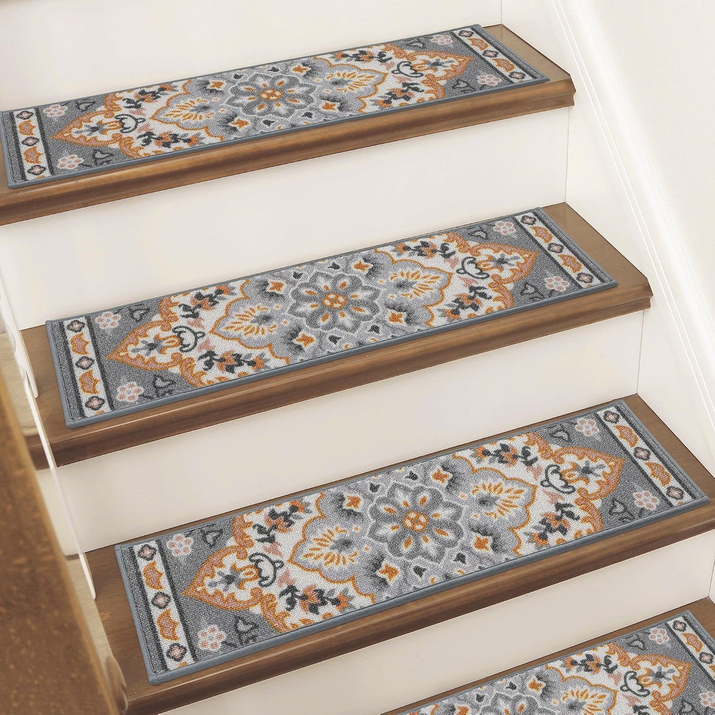 BEQHAUSE Stair Treads for Wooden Steps Non-Slip Machine Washable Carpet Stair Treads 8"X30" Soft Indoor Stair Runner for Kids Elders and Pets, 100% Polyester, TPE Backing, 15pcs, Grey/Orange