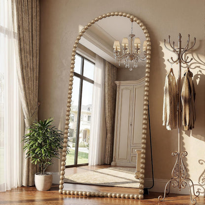 Antok 58" x 21" Arched Full Length Mirror, Antique Beaded Frame Floor Standing or Wall Mounted Mirror with Stand for Bedroom, Entryway, Brown, Luxury Style
