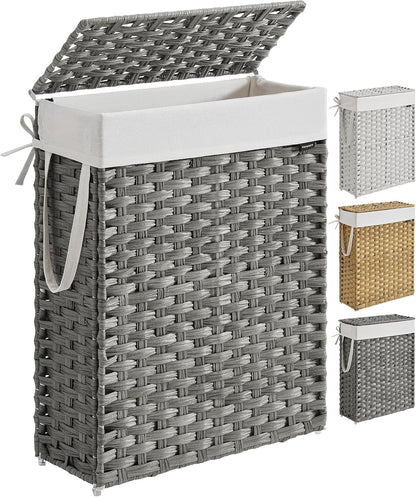 SONGMICS Laundry Hamper with Lid, 23.8 Gallon (90 L) Synthetic Rattan Clothes Laundry Basket with Lid and Handles, Foldable, Removable Liner, Chestnut Brown ULCB051K02