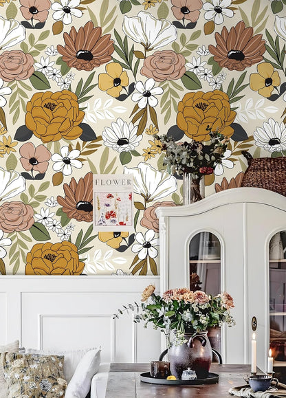 Floralplus Floral Wallpaper Peel and Stick Removable Wallpaper Boho Renter Friendly Dark Flower Wallpapers Contact Paper for Walls Cabinet Bedroom Bathroom Decor 17.5 in x 118 in