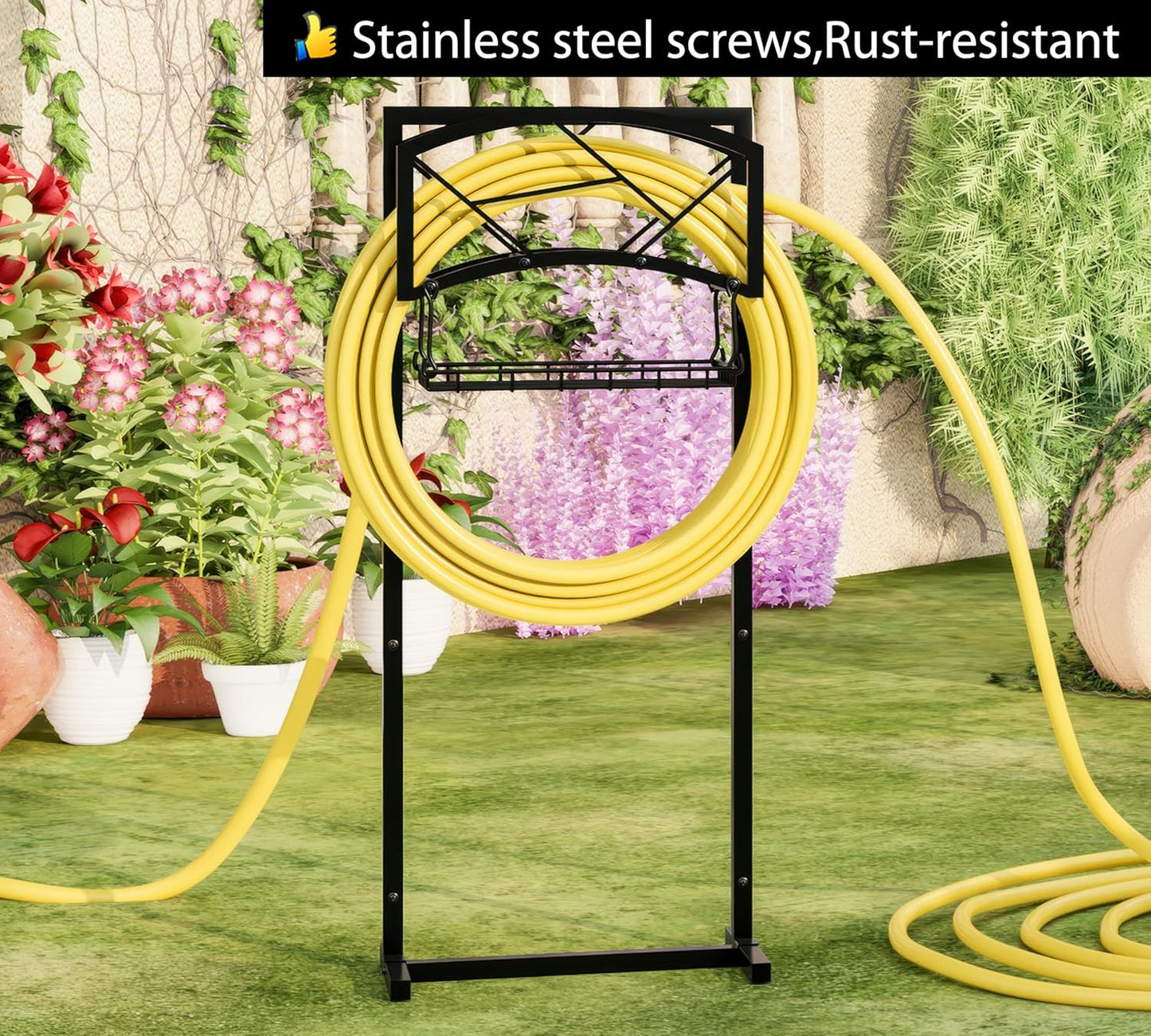 Fire Beauty Heavy-Duty Metal Hose Holder, Wall-Mounted Garden Hose Reel Organizer for Outdoor Yard, Solid Iron Decorative Hanger Storage