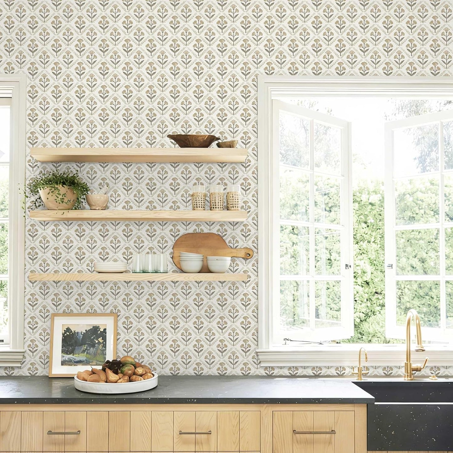 Dimoon 17.3''x78.7'' Peel and Stick Wallpaper Floral Cute Contact Paper Vintage Village Country Cottage Wallpaper Farmhouse Yellow Beige Renter Friendly Geometry Waterproof Embossed Kitchen Bedroom