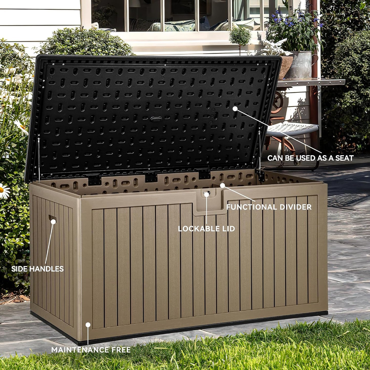 YITAHOME 100 Gallon Large Outdoor Deck Box | Waterproof Resin Storage Box, Lockable Indoor Outdoor Storage Container for Patio Furniture Cushions, Pool Accessories