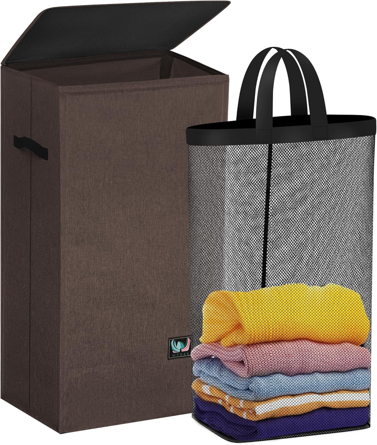 WTREE Laundry Hamper with Lid, Reinforced Sturdy Clothes Hamper with Anti-Puncture Base, Large Collapsible Laundry Basket with Removable Liner Bag, Tall Dirty Clothes Bin for Family, 100L Grey