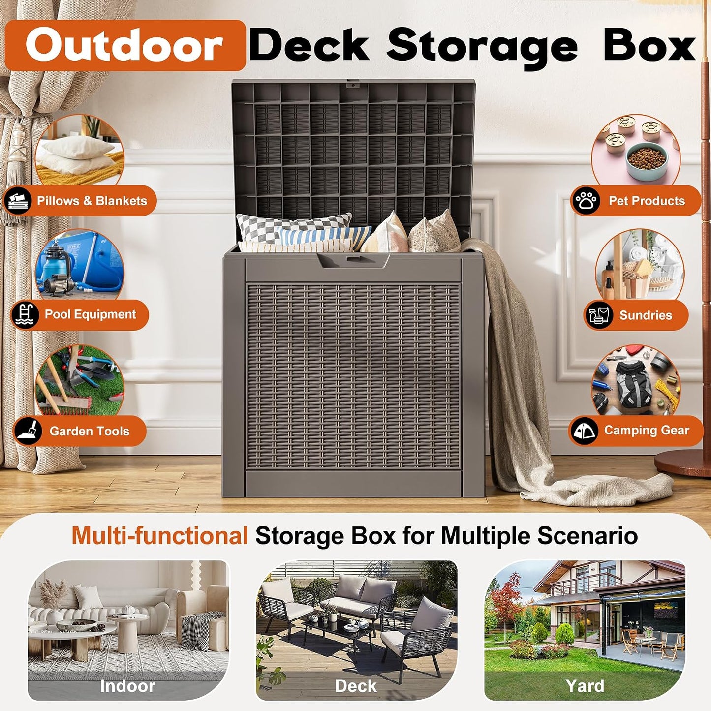 Outdoor Deck Storage Box,Resin Deck Boxes Indoor and outdoor, Waterproof Storage Box Lockable Lid (Black,50 Gallon)