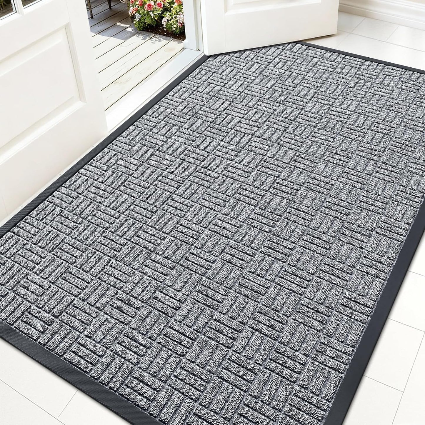 OLANLY Front Door Mat Outside Entrance 29.5x17, Absorbent, Heavy Duty Sturdy Natural Rubber Doormat Indoor Outdoor, Stain and Fade Resistant, Non-Slip Backing Low Profile Floor Mat for Entryway, Grey
