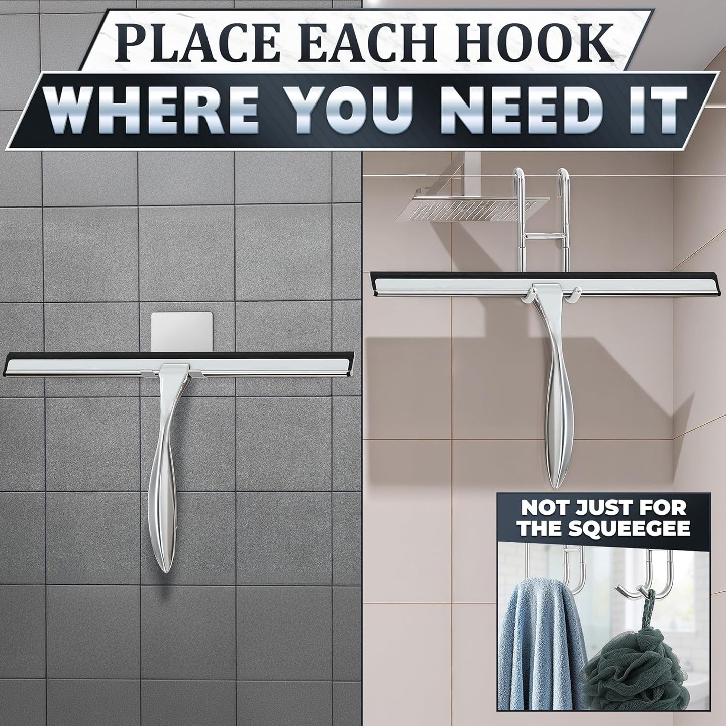 Shower Door Squeegee with Adhesive & Hanging Hooks, 12" Silicone Blade - Stainless Steel All-Purpose Squeegee for Shower Glass, Bathroom Mirror Cleaner Tool Suitable for Tile Walls - Multi-Surface Use