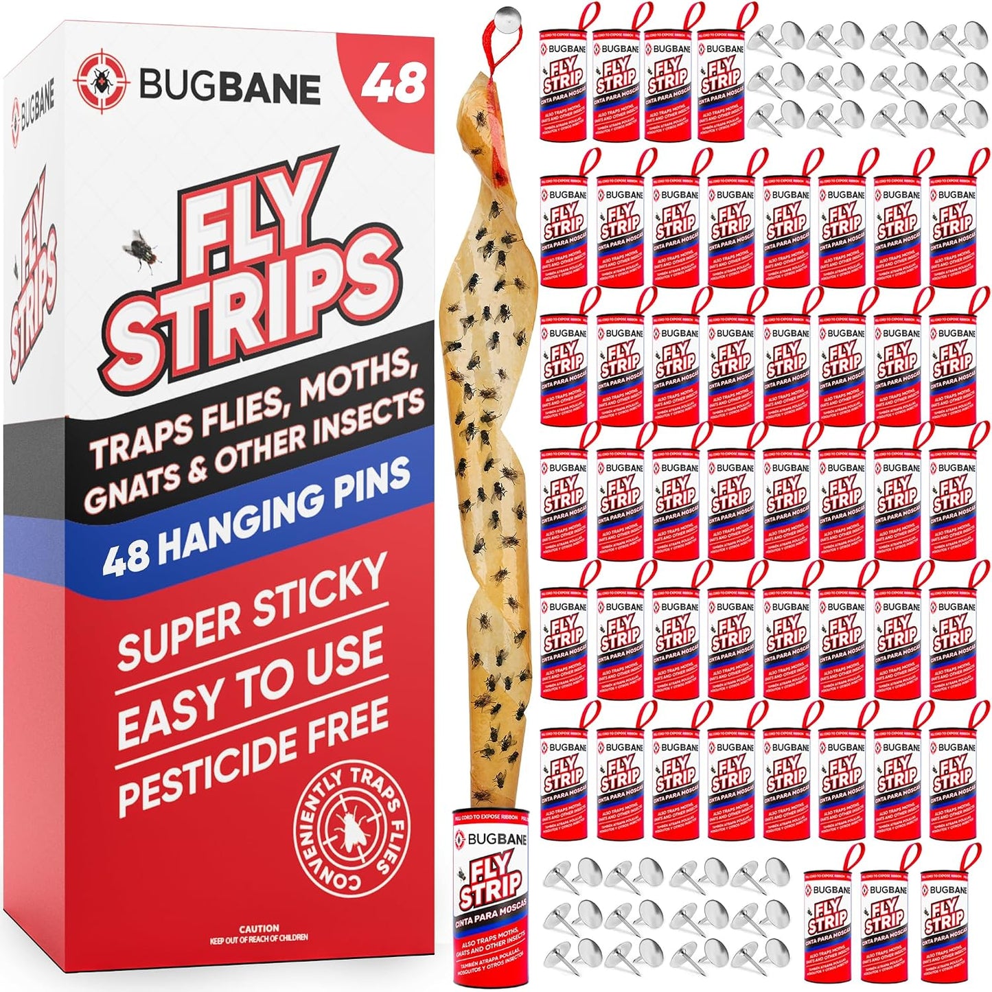 Fly Strips Indoor Sticky Hanging 10pk with Pins. Non Toxic Outdoor Fly Trap Indoor for Home. Flies Tape Paper Trap Ribbon Roll for House Gnat Fruit and Housefly. Bug Catchers for Inside Home Flypaper.