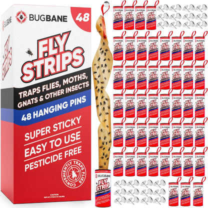 Fly Strips Indoor Sticky Hanging 10pk with Pins. Non Toxic Outdoor Fly Trap Indoor for Home. Flies Tape Paper Trap Ribbon Roll for House Gnat Fruit and Housefly. Bug Catchers for Inside Home Flypaper.