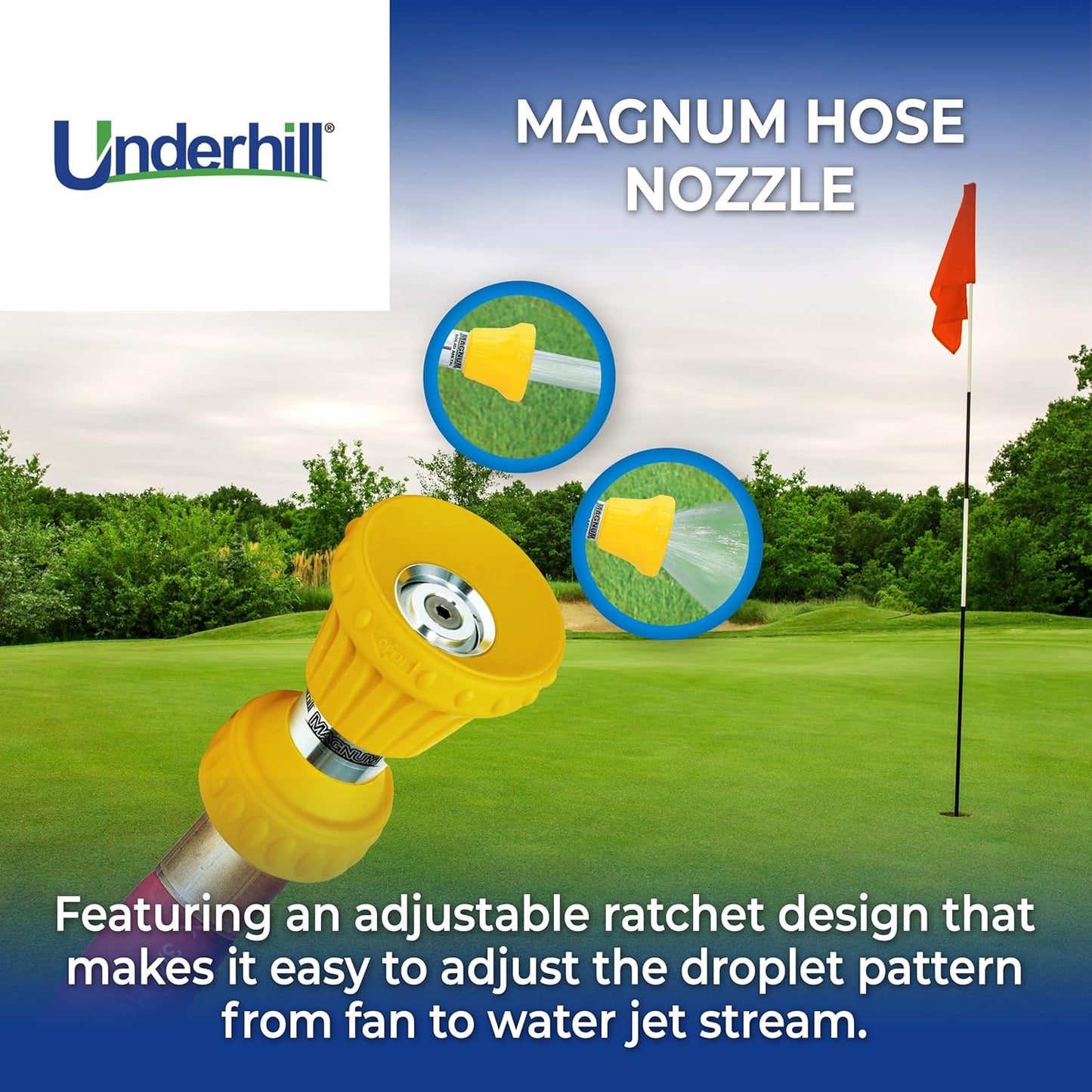 Underhill Magnum Garden Water Hose Nozzle, Sprayer, 37 GPM 80 PSI, 3/4-Inch Thread Inlet, Jet, Soak, Fan, Metal and Rubber, Adjustable, NG450