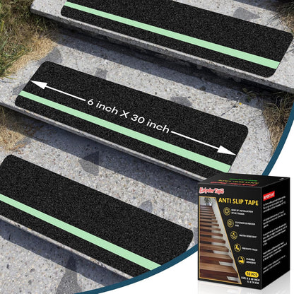 10 Pack 6” x 30” Anti Slip Traction Treads with Glow in The Dark Stripe, Outdoor Waterproof Non Skid Pre-Cut Tape with Roller, High Traction Friction Abrasive Adhesive for Stairs Step
