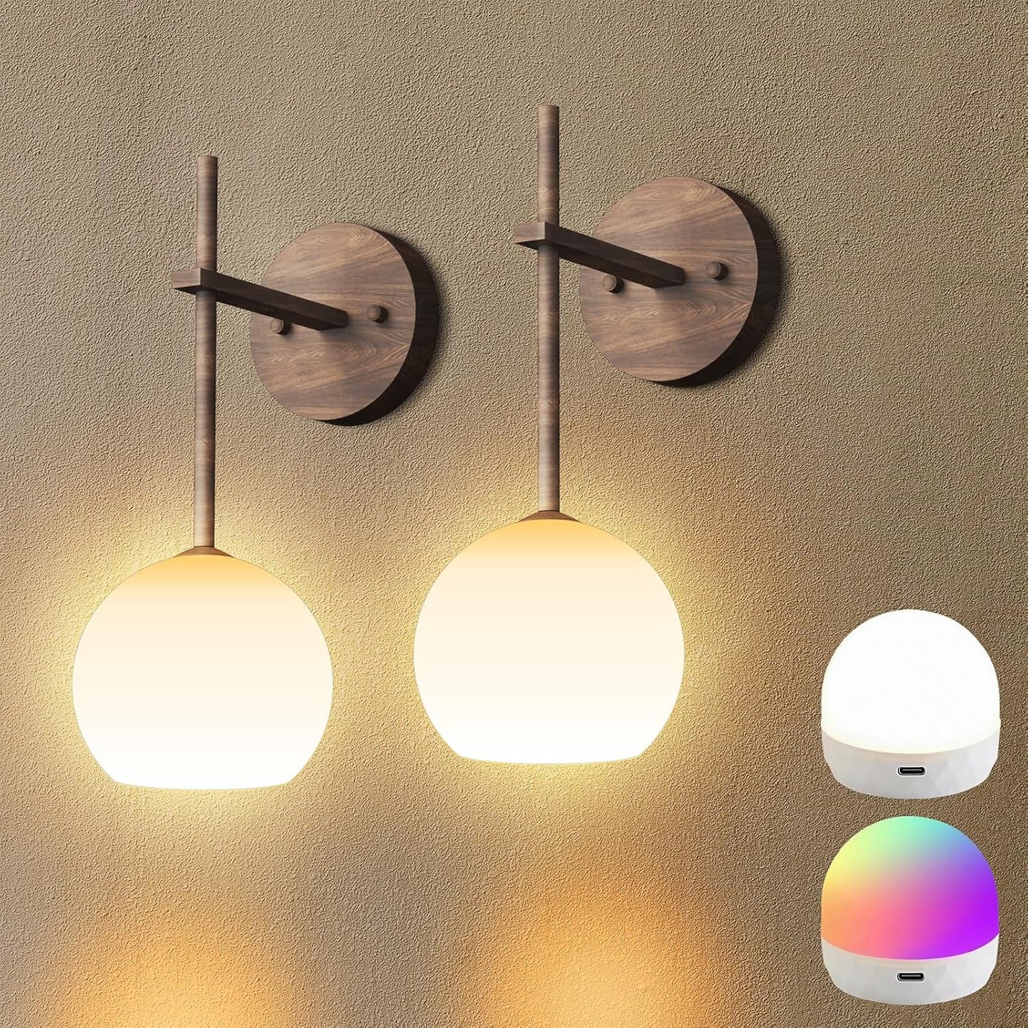 Brass Battery Operated Wall Sconces Set of 2, Rechargeable Wireless Wall Lights with Milky White Frosted Glass, 12 RGB and 3CCT Dimmable, Wall Lamps with Remote for Bedroom Living Room Hallway