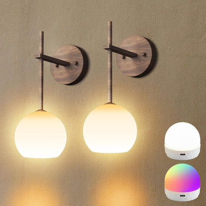 Brass Battery Operated Wall Sconces Set of 2, Rechargeable Wireless Wall Lights with Milky White Frosted Glass, 12 RGB and 3CCT Dimmable, Wall Lamps with Remote for Bedroom Living Room Hallway