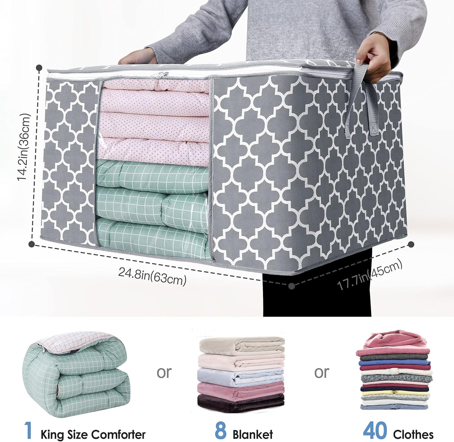 WISELIFE Storage Bags, Large Blanket Clothes Organization and Storage Containers for Bedding, Comforters, Foldable Organizer with Reinforced Handle, Clear Window,Sturdy Zippers,(Grey, 3 x 100L)