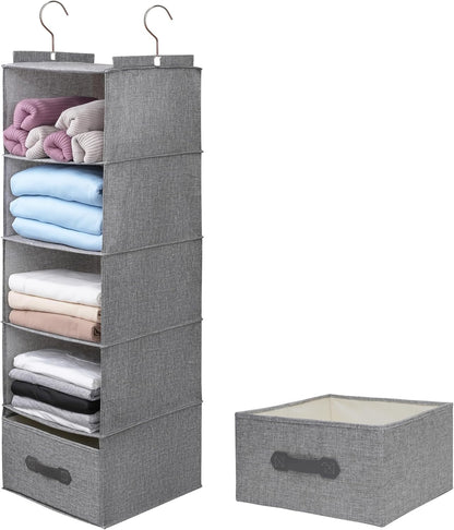 Large Hanging Sweater Organizer for Closet,Collapsible 6-Shelf Hanging Closet Shelves with Drawers, Washable (Grey-6 Shelf)