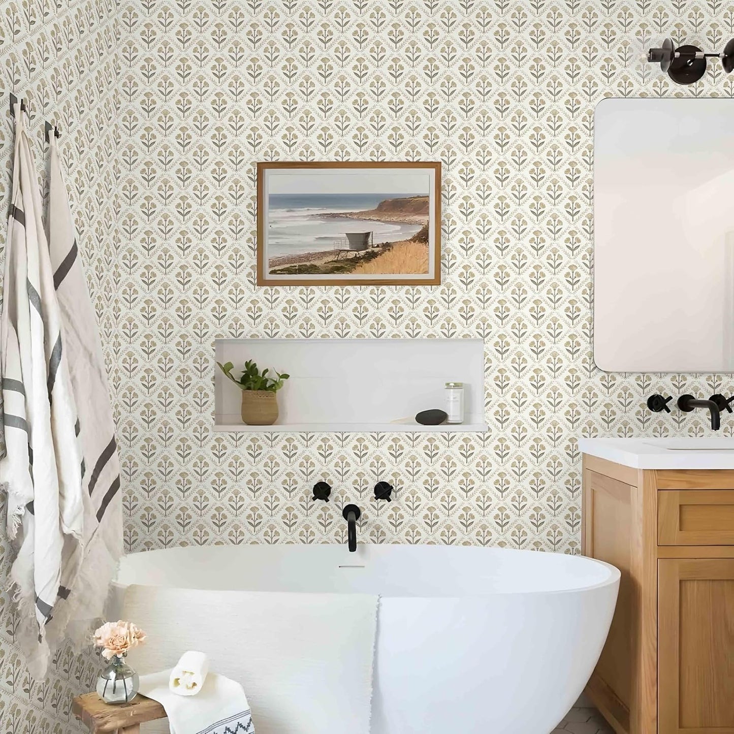 Dimoon 17.3''x78.7'' Peel and Stick Wallpaper Floral Cute Contact Paper Vintage Village Country Cottage Wallpaper Farmhouse Yellow Beige Renter Friendly Geometry Waterproof Embossed Kitchen Bedroom
