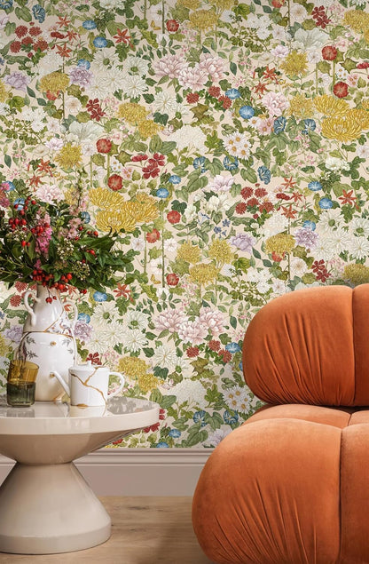 Wallpaper Peel and Stick Floral Wall Paper Removable Waterproof Navy/Pink/Orange Contact Paper for Bedroom, Bathroom,Bathroom, Home Wall 17.3" x 118"