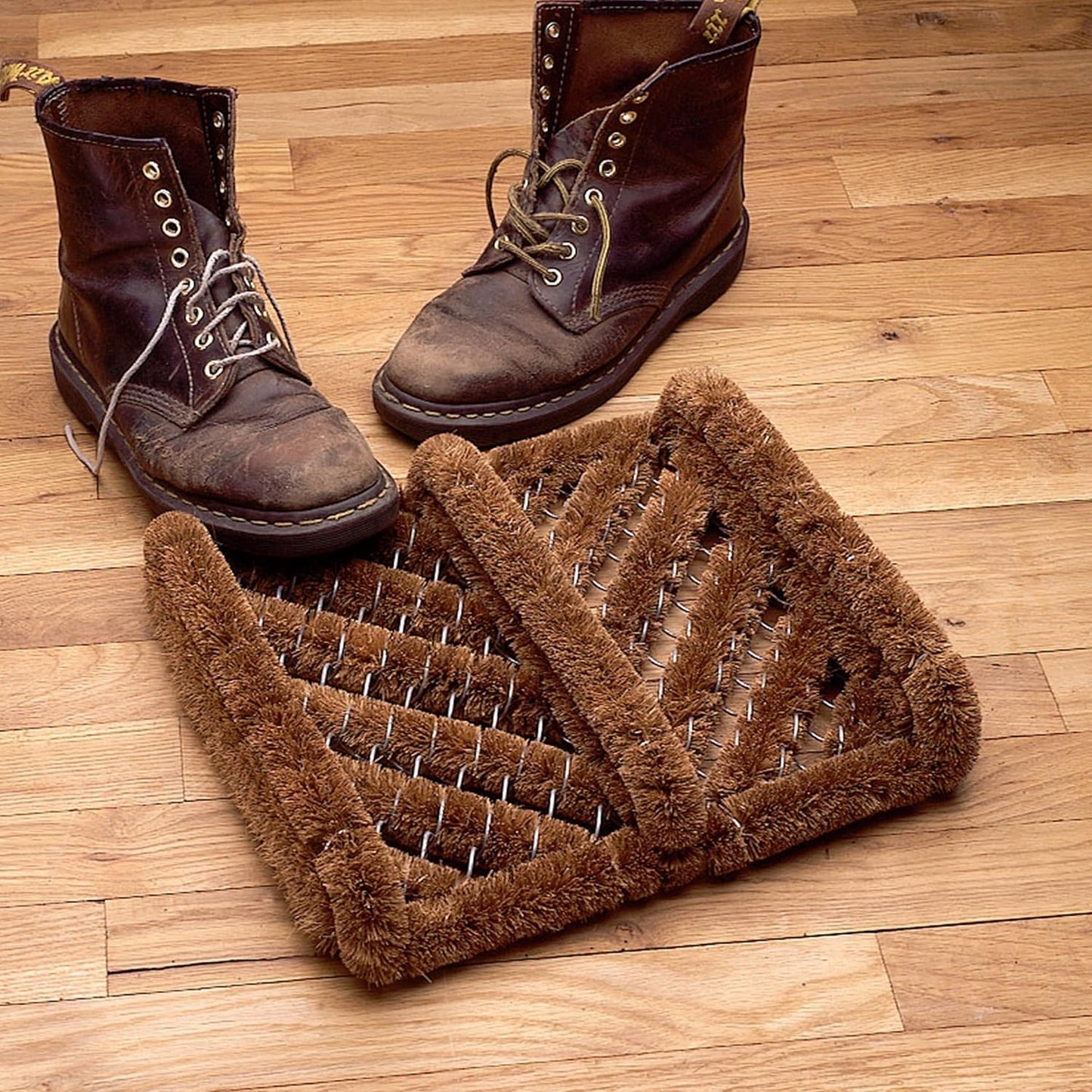Kings County Tools Natural Coir Doormat - 13” x 12.5” Boot Brush Scraper Outdoor or Indoor Shoe Cleaner Brush Door Mat - 2.5” Thick Outdoor Boot Scraper with Stainless-Steel Wire Frame