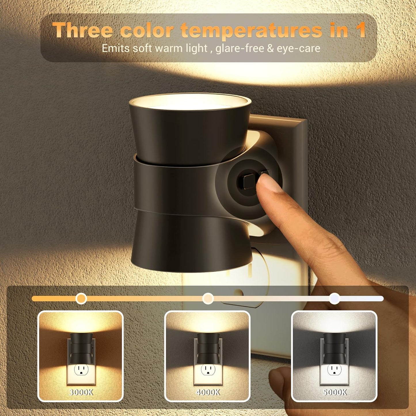 JandCase Motion Night Light, Rotating Night Lights Plug into Wall, 3 Colors 3000K-5000K-Amber, Dusk to Dawn & Motion Sensor, 3 Level Brightness Nightlight for Bathroom Bedroom Hallway [2 Pack]