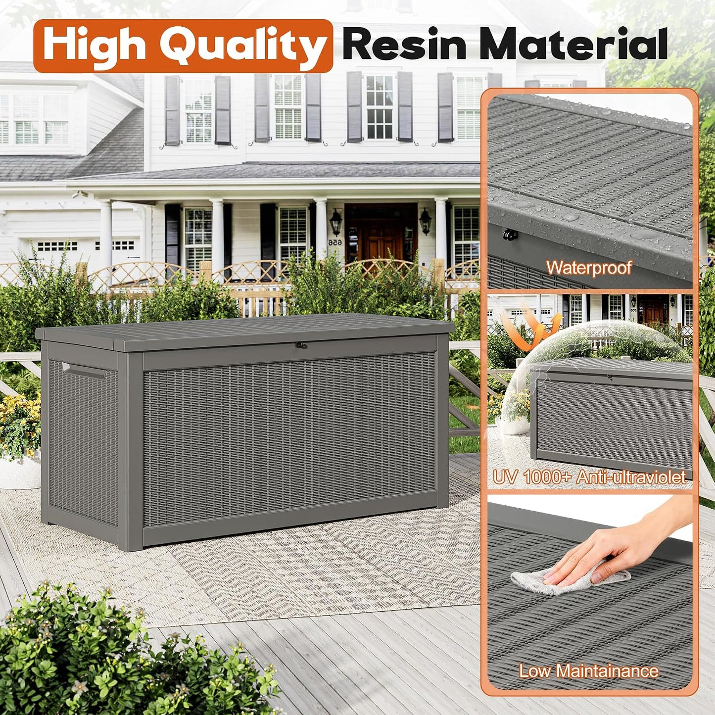 Outdoor Storage Box, Resin Deck Boxes Indoor and outdoor, Waterproof Storage Box Lockable Lid (Black, 85 Gallon)