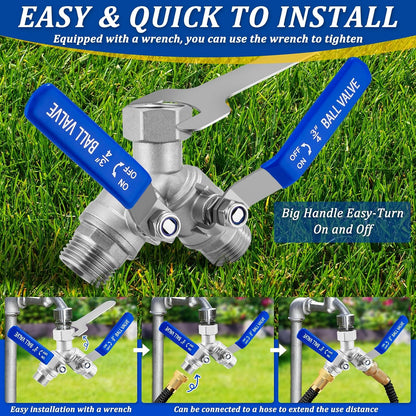 2 Way Garden Hose Splitter, Heavy Duty Brass Y Valve, 3/4” GHT Outdoor Faucet Splitter with Dual Shut Off Valves, 304 Stainless Steel Long Handles, Leak-Proof