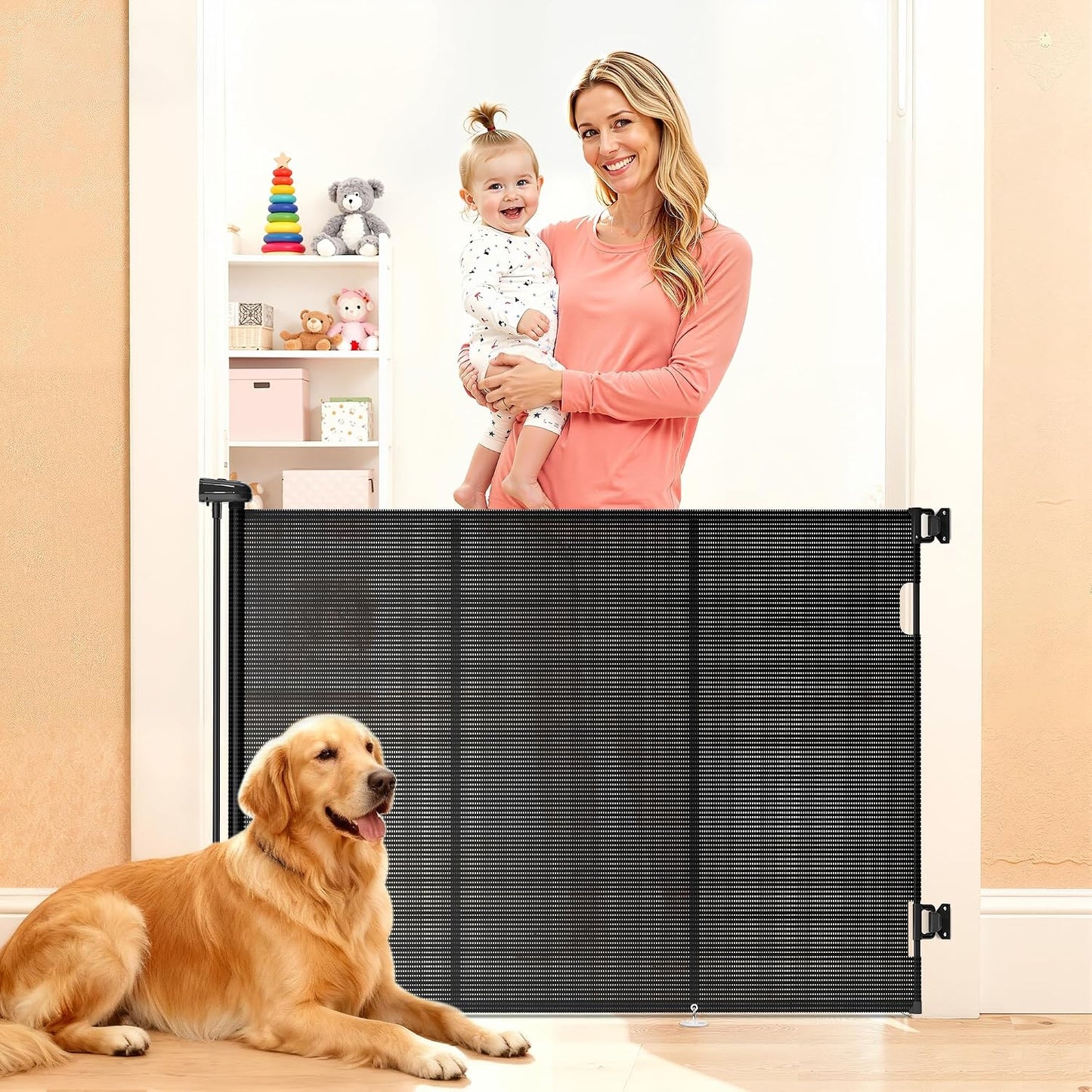 Retractable Baby Gate for Stairs, 42" Tall X 200" Wide Mesh Dog Gate Indoor, Child Gate for Doorways, Hallways, Deck, Indoor Outdoor Pet Baby Safety Essentials for Home, Black