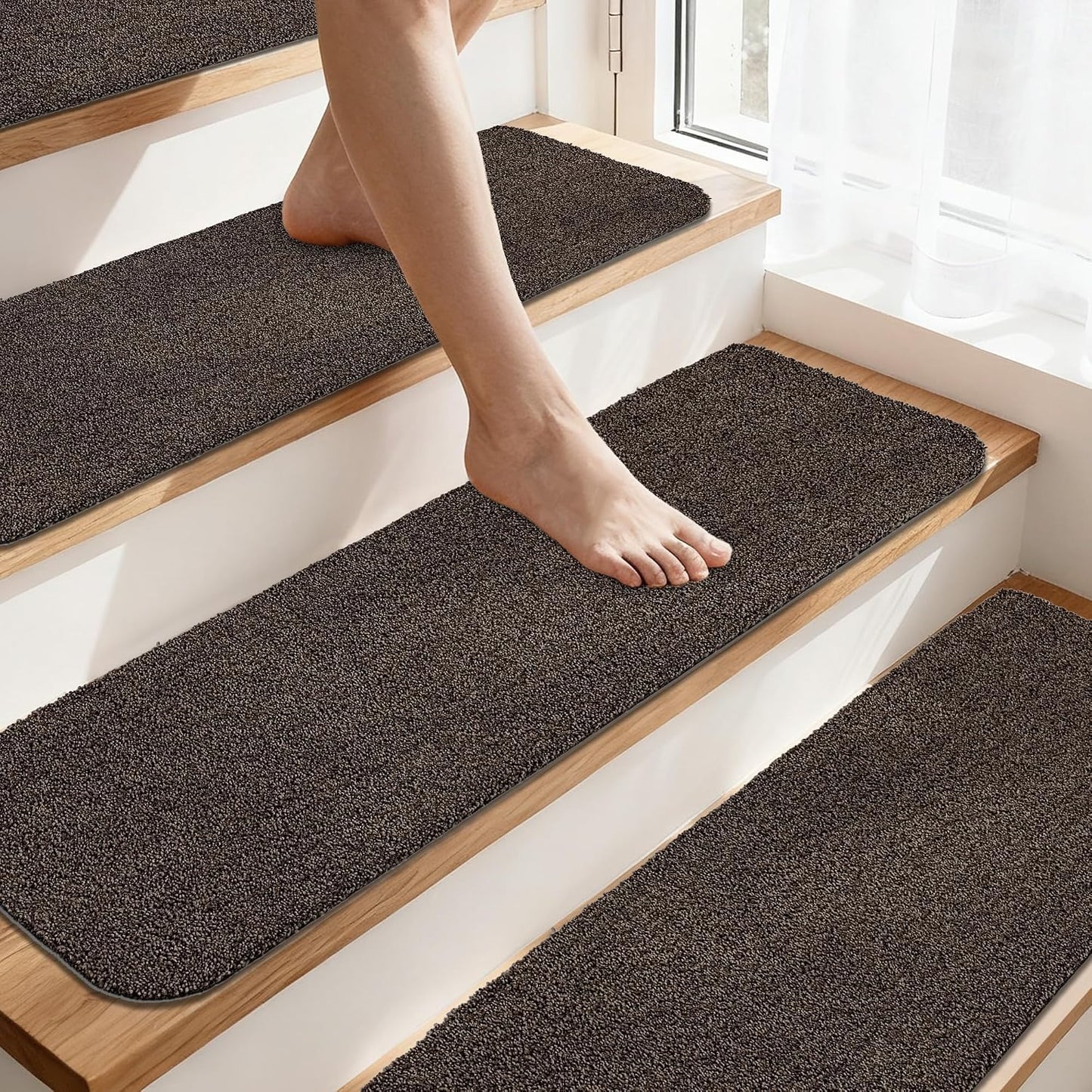 COSY HOMEER Stair Treads for Wooden Steps Non-Slip Carpet Mat,4pcs,Brown | Cut to Size,Peel and Stick,Washable,Residue Free,Self Adhesive,Stair Runner for Kid Elder Pet,28“x9”Carpet Stair Treads