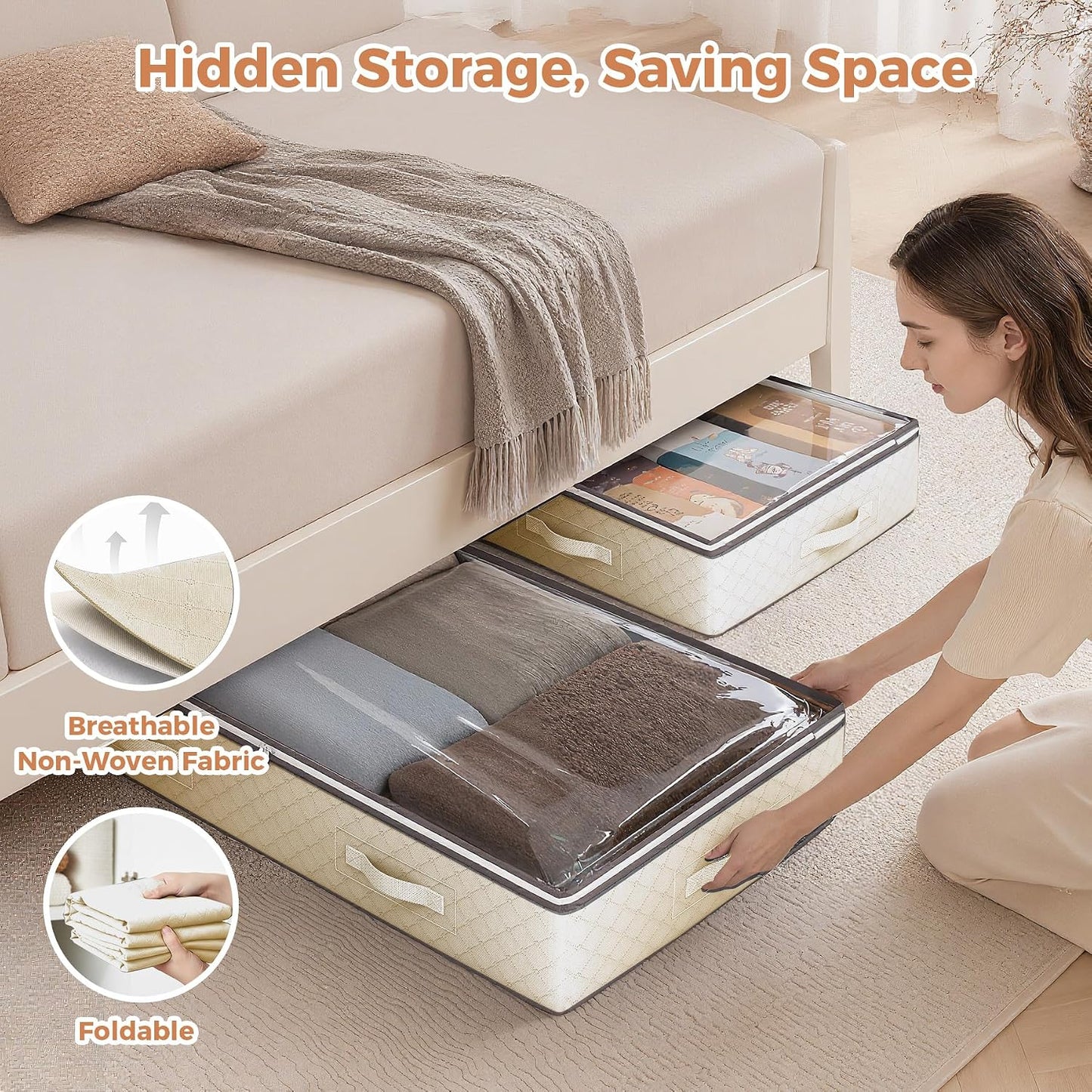 Budding Joy 90L Under Bed Storage Containers, 4 Pack Closet Organizers Grey | Foldable underbed storage bins for linen sheets, blanket, clothing, comforter, sweaters, pillows, wrapping paper