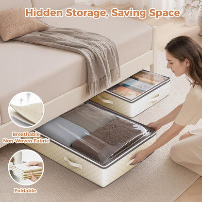 Budding Joy 90L Under Bed Storage Containers, 4 Pack Closet Organizers Grey | Foldable underbed storage bins for linen sheets, blanket, clothing, comforter, sweaters, pillows, wrapping paper